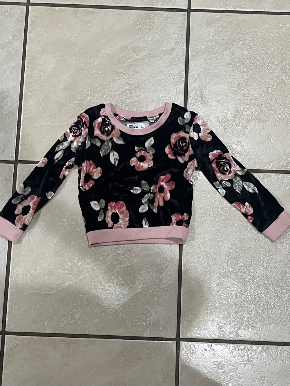 Epic Threads Black Velvet Floral Sweatshirt with Pink Trim